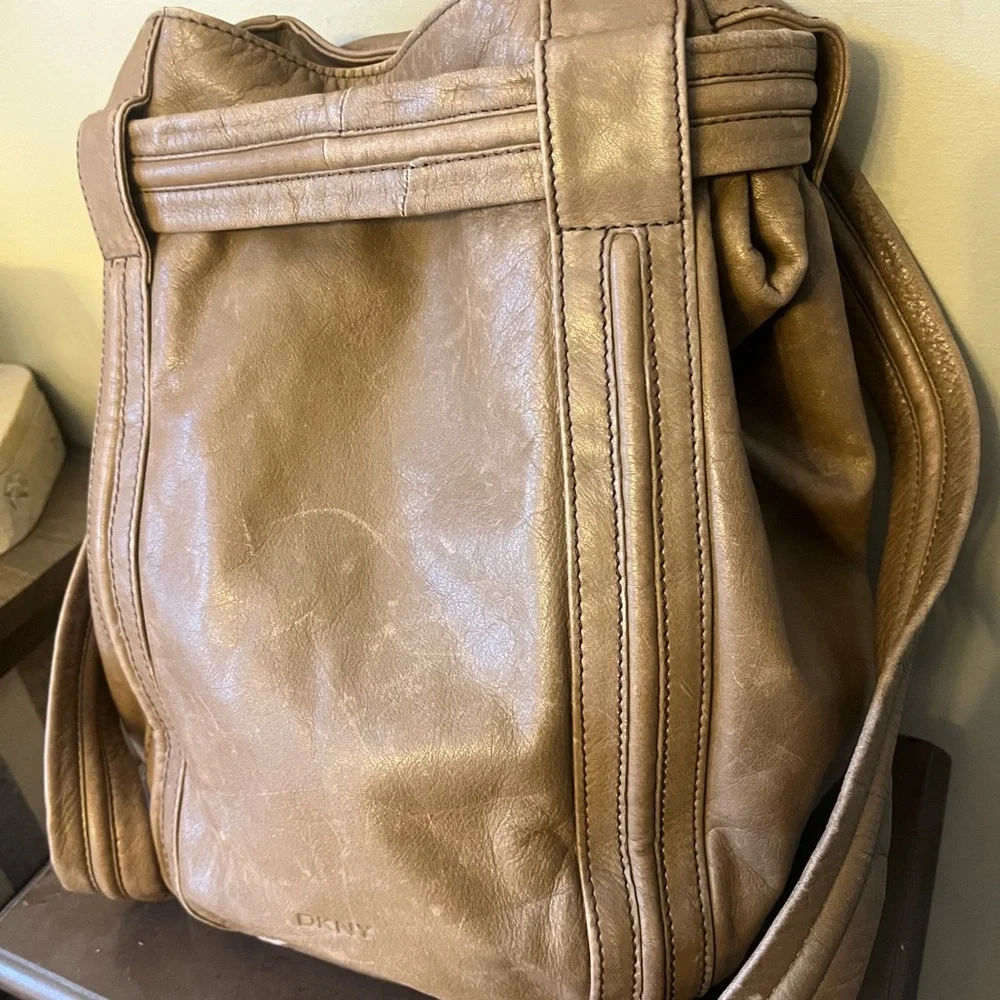 DKNY Brown Tan Leather   Drawstring Backpack  Purse